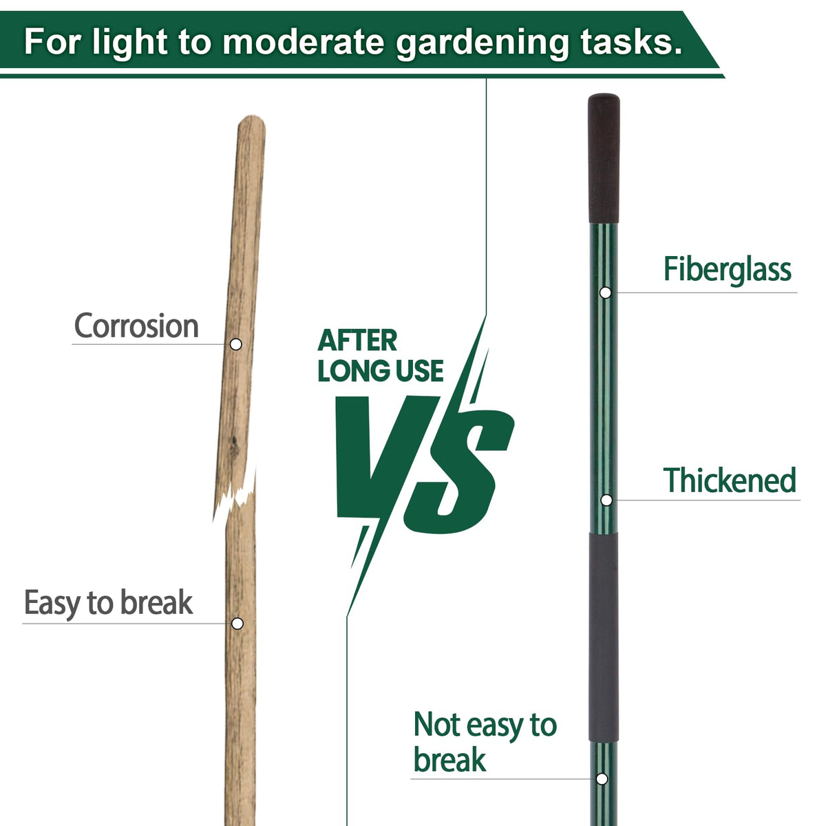 VNIMTI green shovel highlighting its 56-inch length for reduced back strain