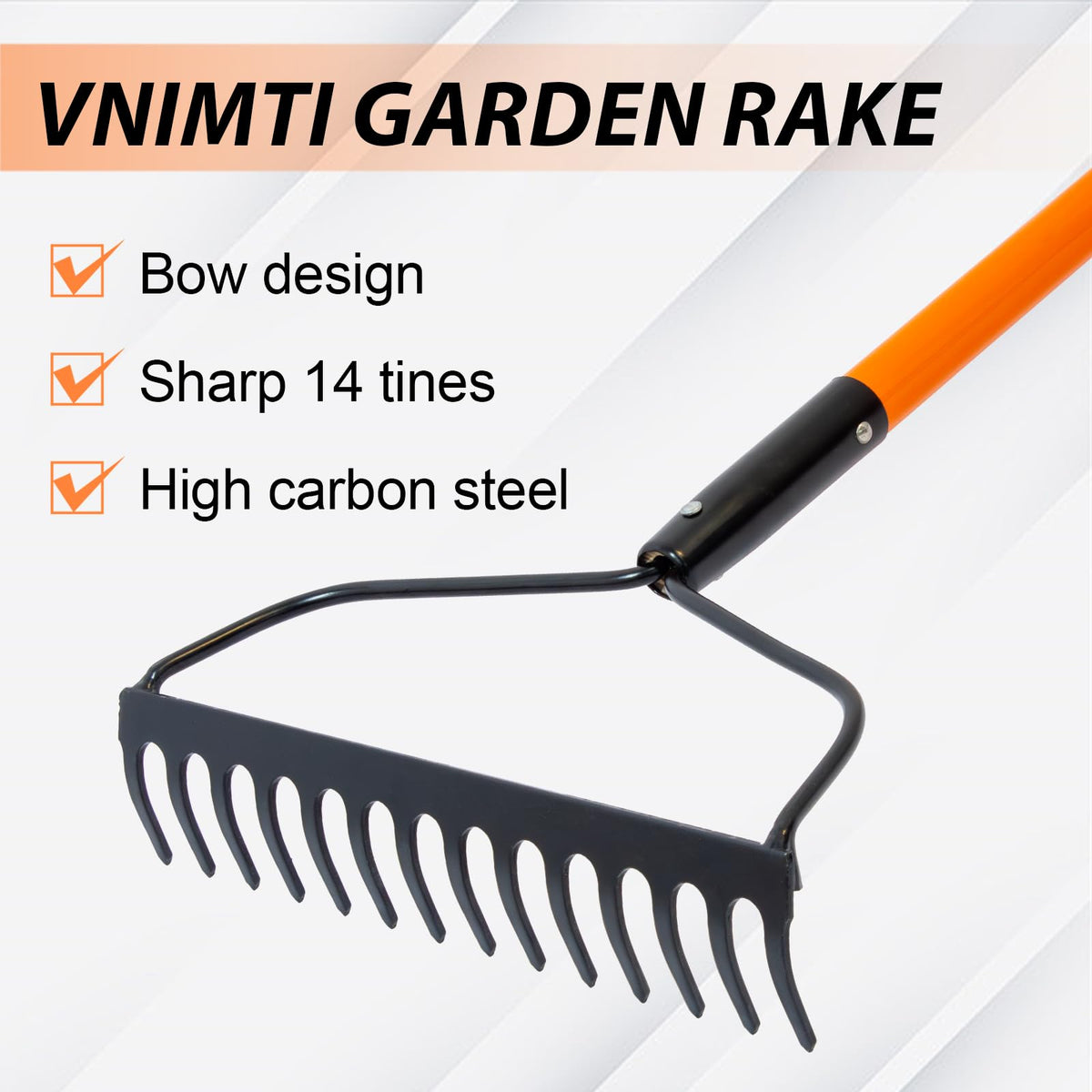 VNIMTI heavy-duty rake with fiberglass handle for durable gardening