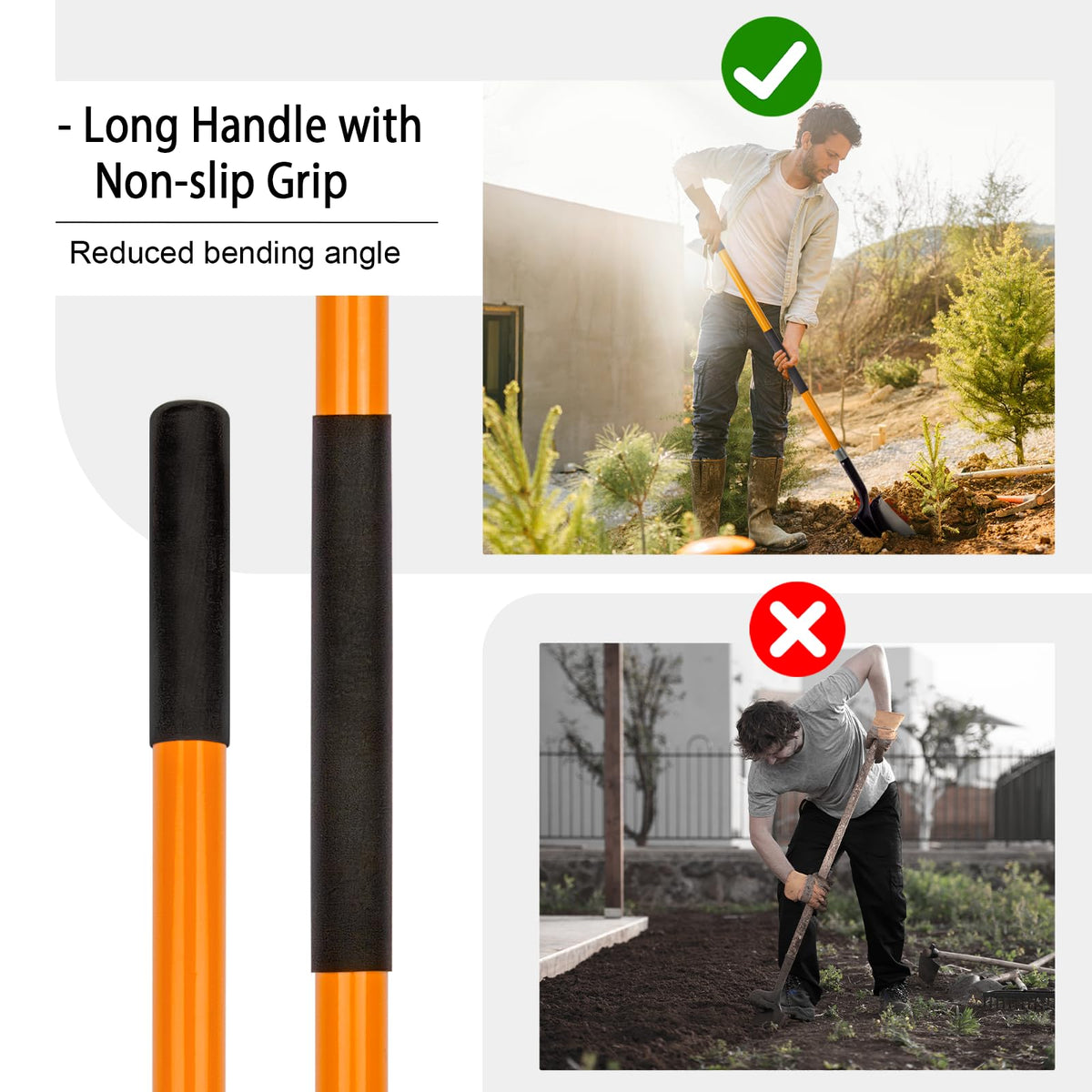 VNIMTI orange shovel with round blade stands out in garden beds