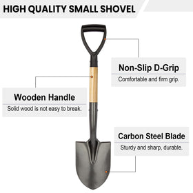 VNIMTI shovel with wooden D-handle provides ergonomic grip for comfort.