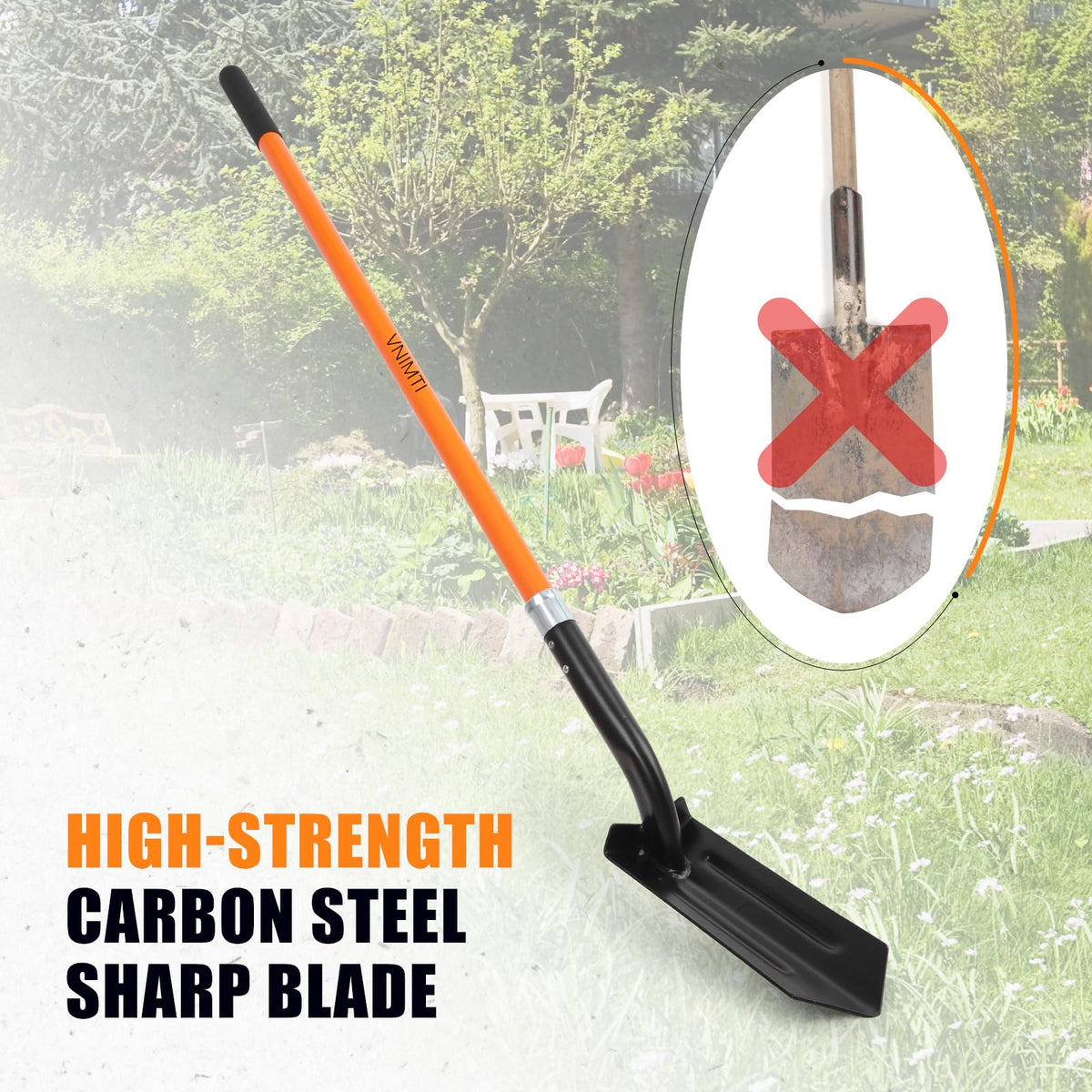 VNIMTI trench shovel 4-inch blade close-up showing precise cutting edge