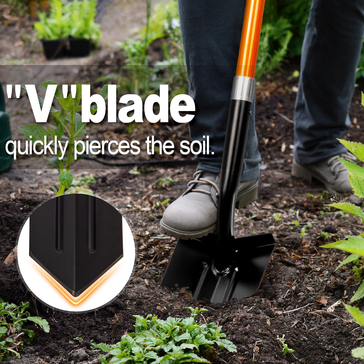 VNIMTI trench shovel at 58 inches length improves reach and posture.