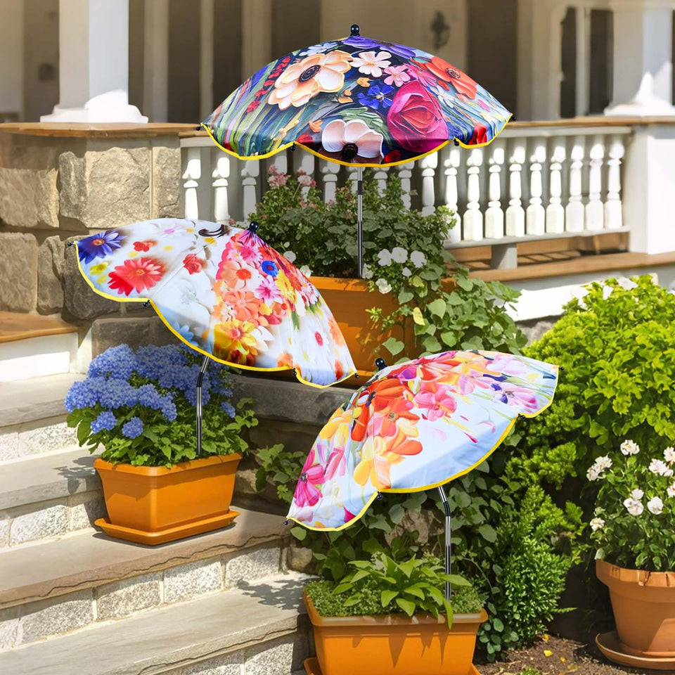 Voccos three-pack flower plant umbrellas neatly set up in a garden, easy ground anchoring.