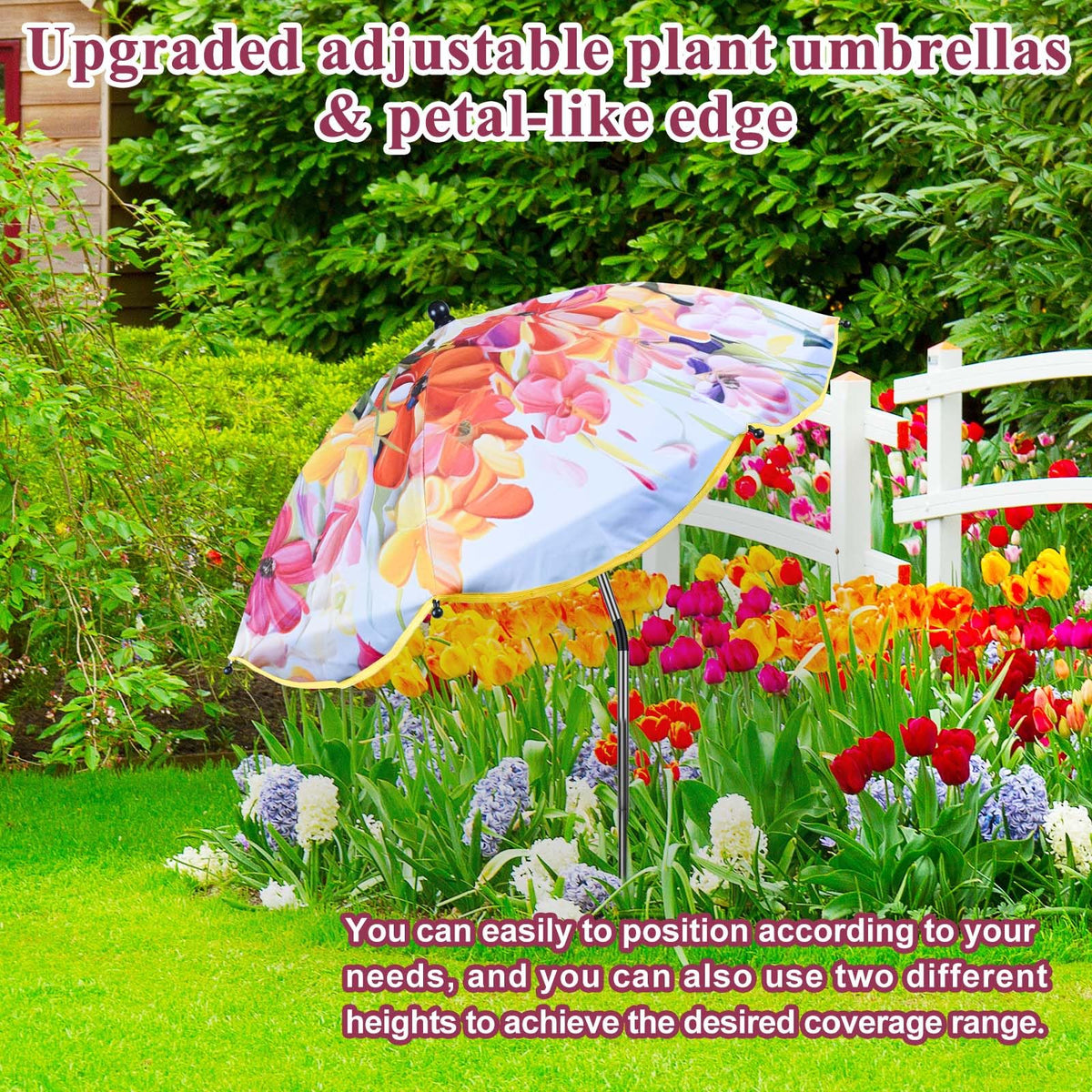 Voccos garden bed shading use with multiple umbrellas over beds and pots.
