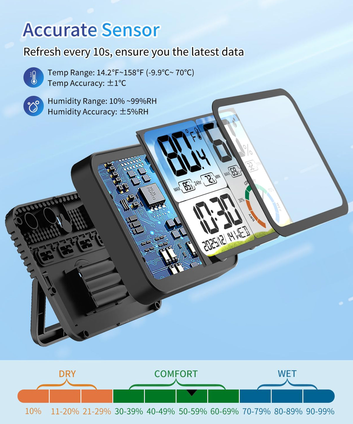 VOCOO accurate temperature and humidity sensor tracks changes every 10 seconds.