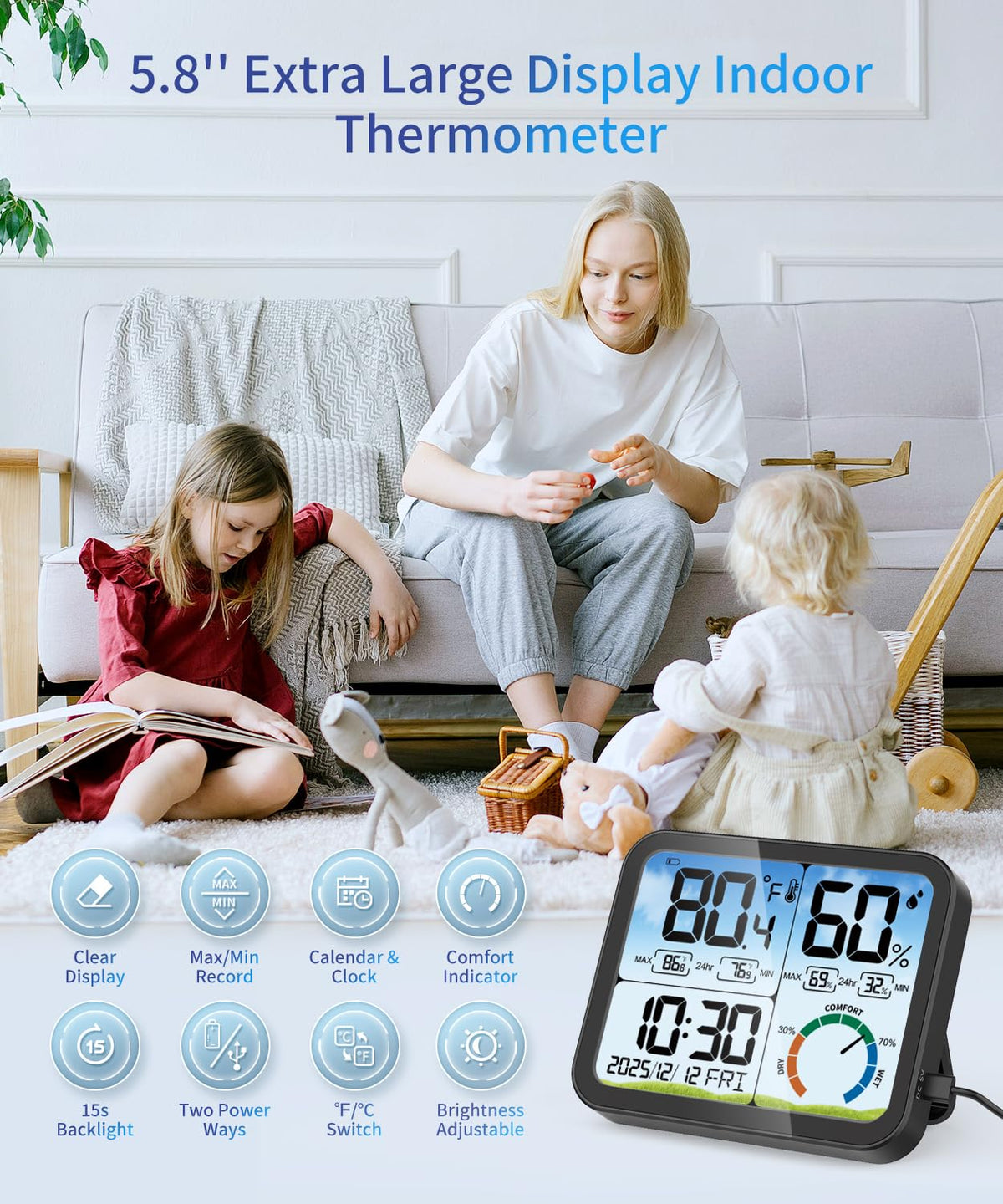 VOCOO backlit display and clock for easy reading at night or low light.