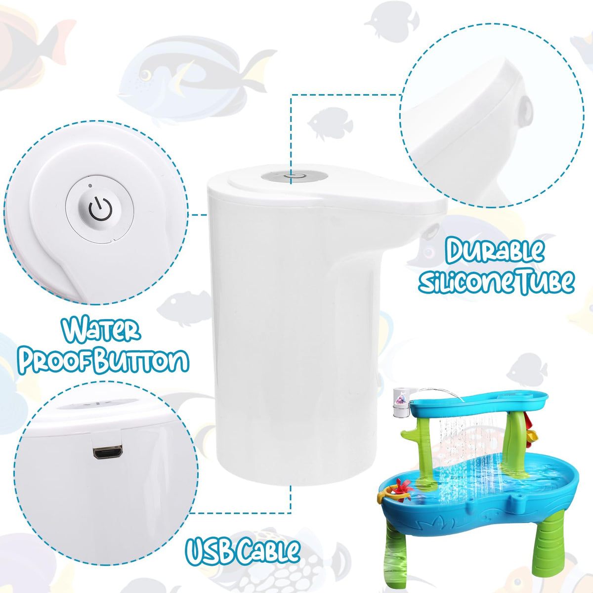 Vodolo Water Table Pump uses high-density ABS plastic and food-grade silicone tubing.
