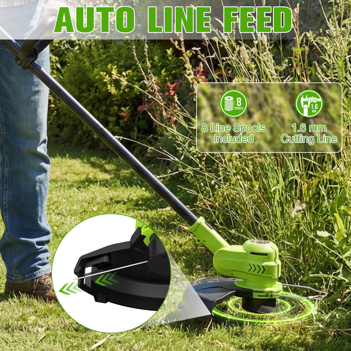 VOERJIA auto line feed spools reduce manual winding efforts.