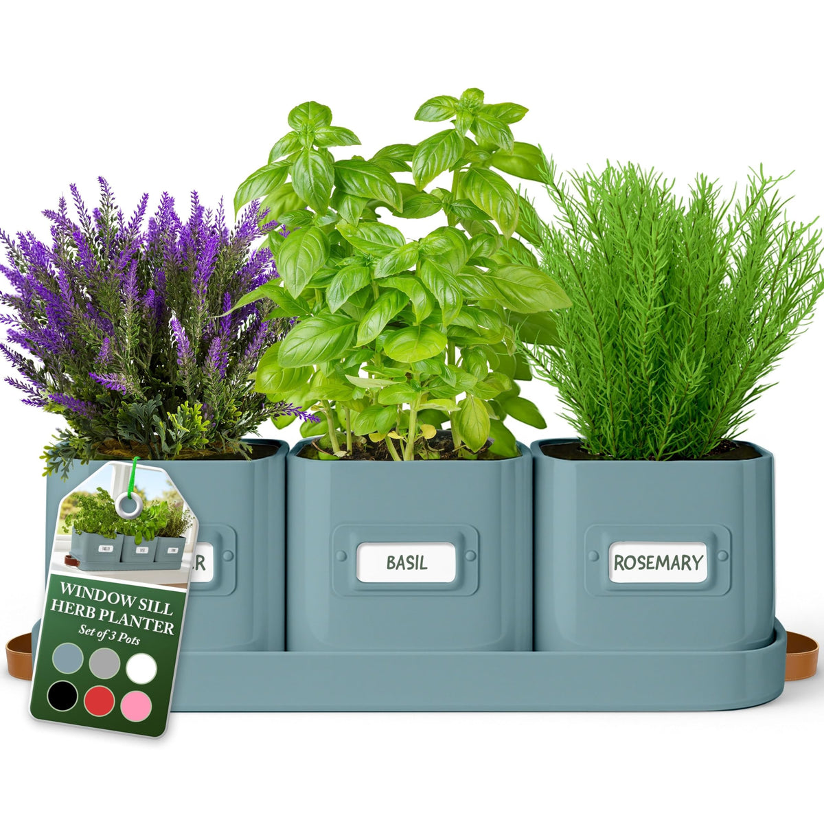 Volila herb planter indoor teal pots with tray for organized windowsill herbs.