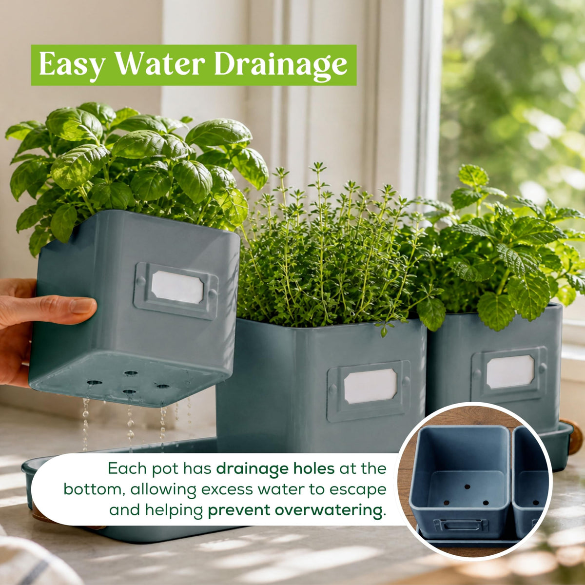 Volila leather-handled tray protects surfaces while you move herbs.