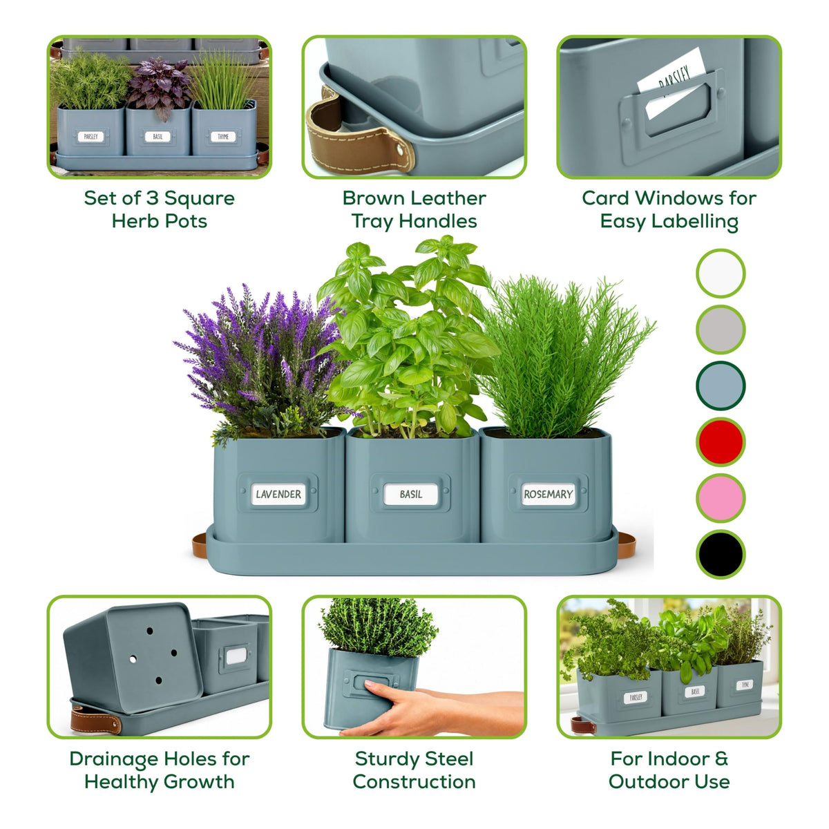Volila teal blue pots with drainage holes keep herbs healthy and tidy.