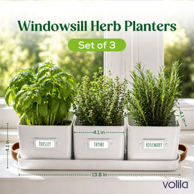 Volila Warmstone three-pack on windowsill showcasing compact, space-saving herb display.