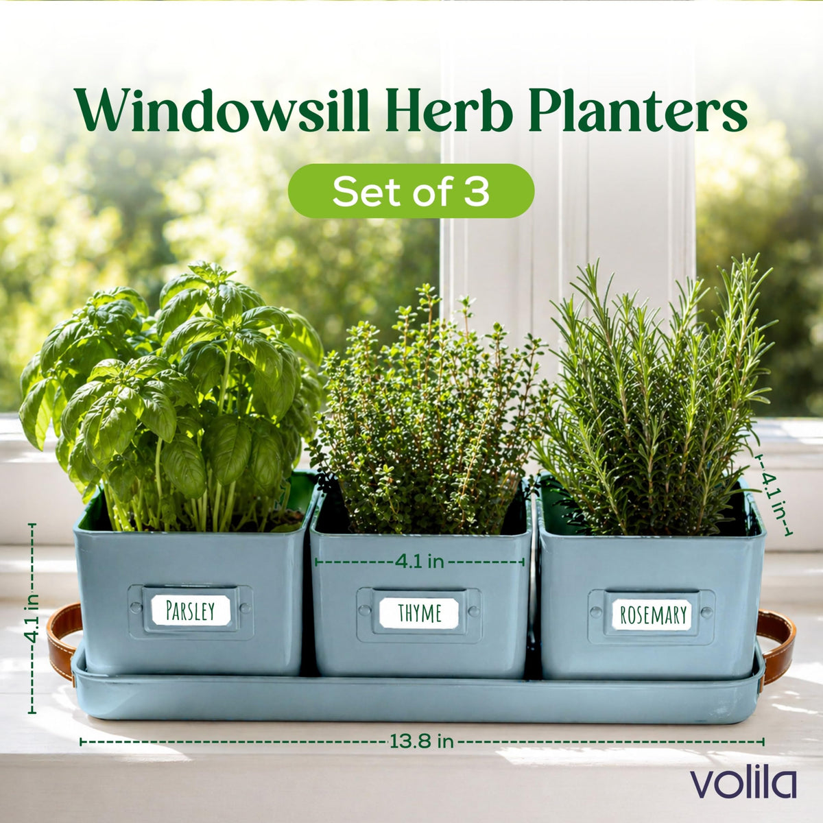 Volila window-sill teal planters for a compact kitchen herb garden.