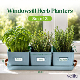 Volila window-sill teal planters for a compact kitchen herb garden.