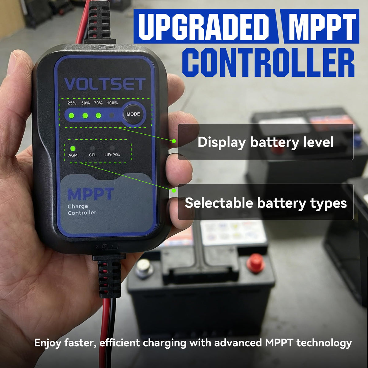 Voltset MPPT controller display shows battery levels during charging.
