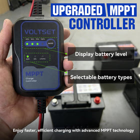 Voltset MPPT controller display shows battery levels during charging.