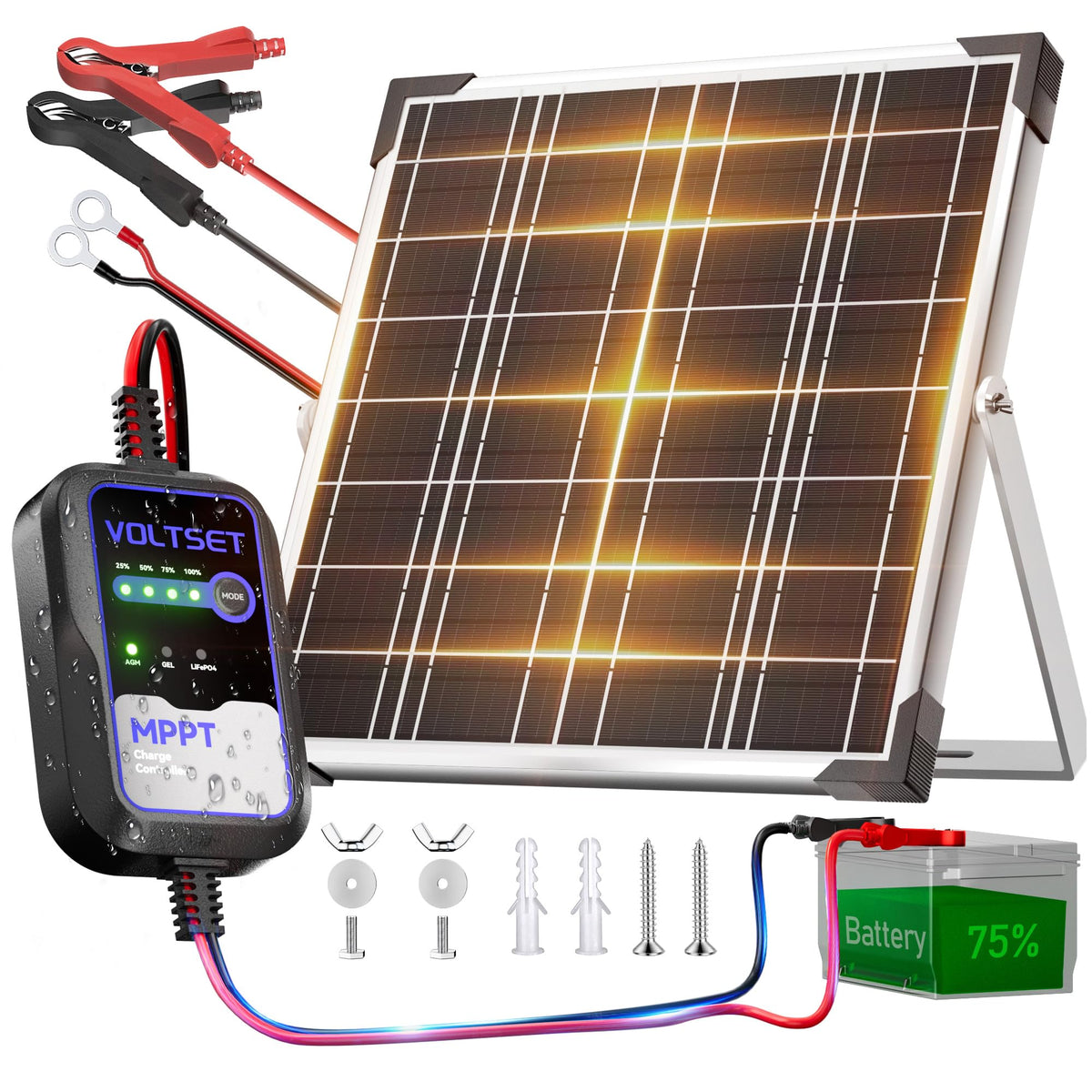 Voltset solar panel 20W on a boat charging a battery in bright sun.