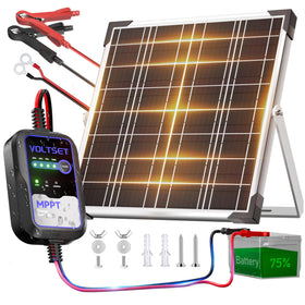 Voltset solar panel 20W on a boat charging a battery in bright sun.