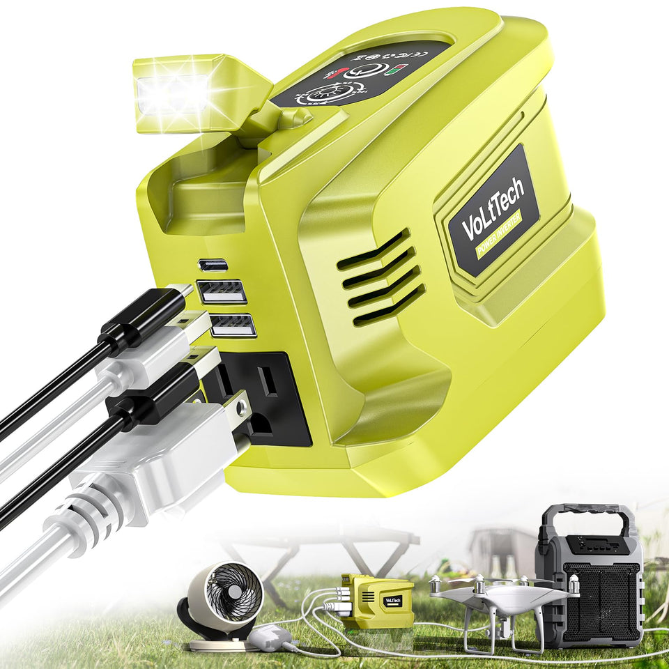 VoLtTech real-200w inverter with Ryobi 18V compatibility powering devices on the go