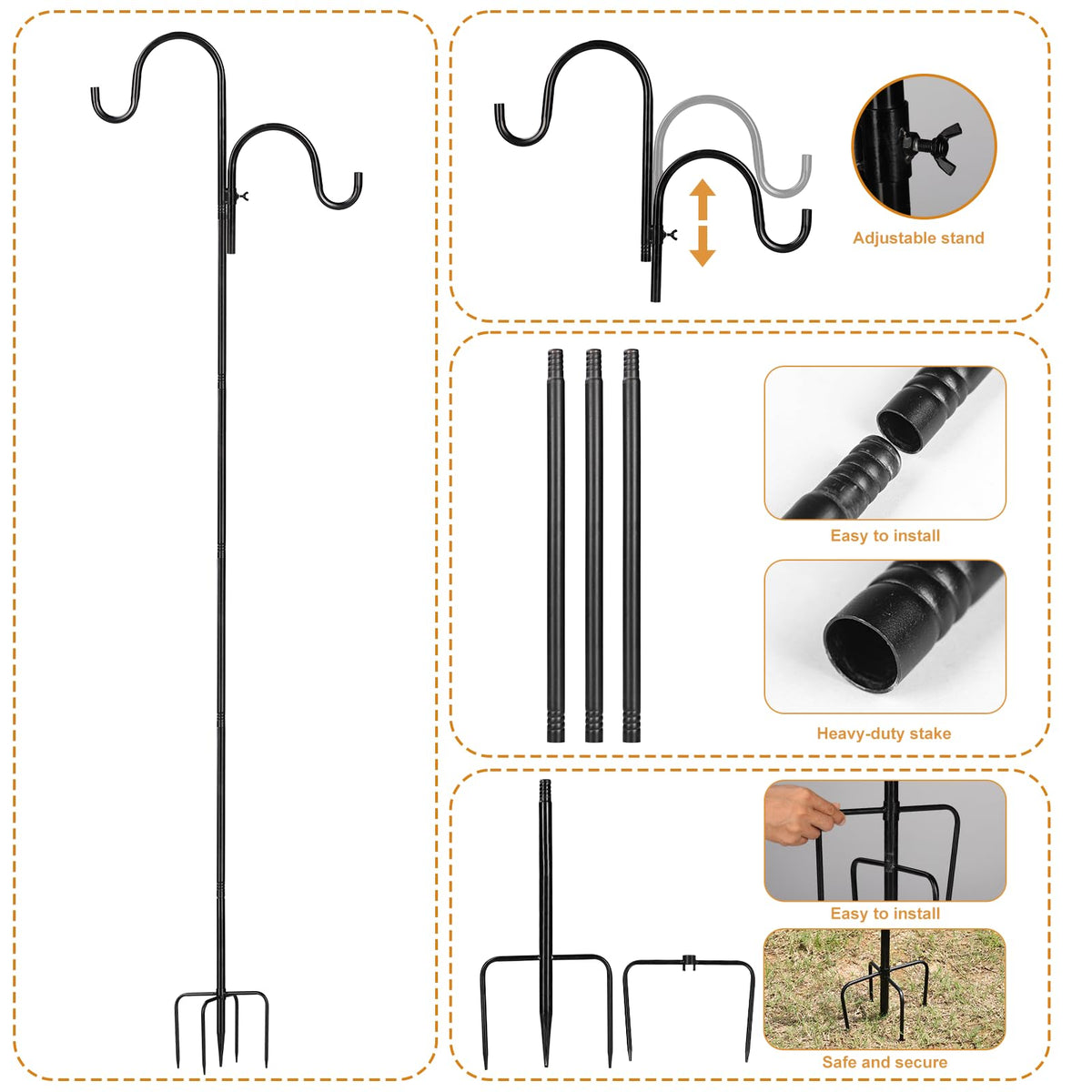 Vomsocs adjustable-height shepherds hook showing four in-ground options for versatile hanging