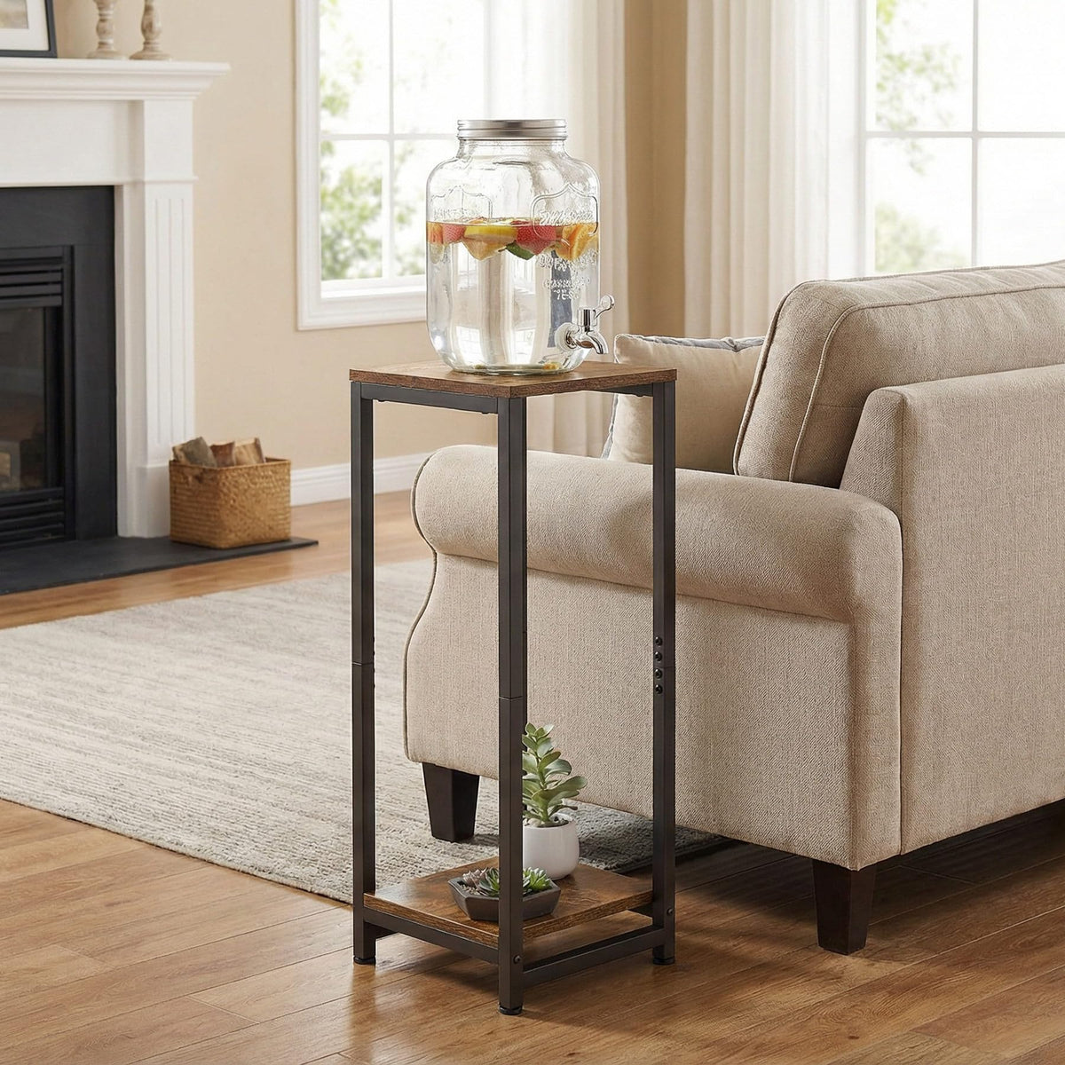 VonDream multi-function side table beside sofa doubles as plant stand.