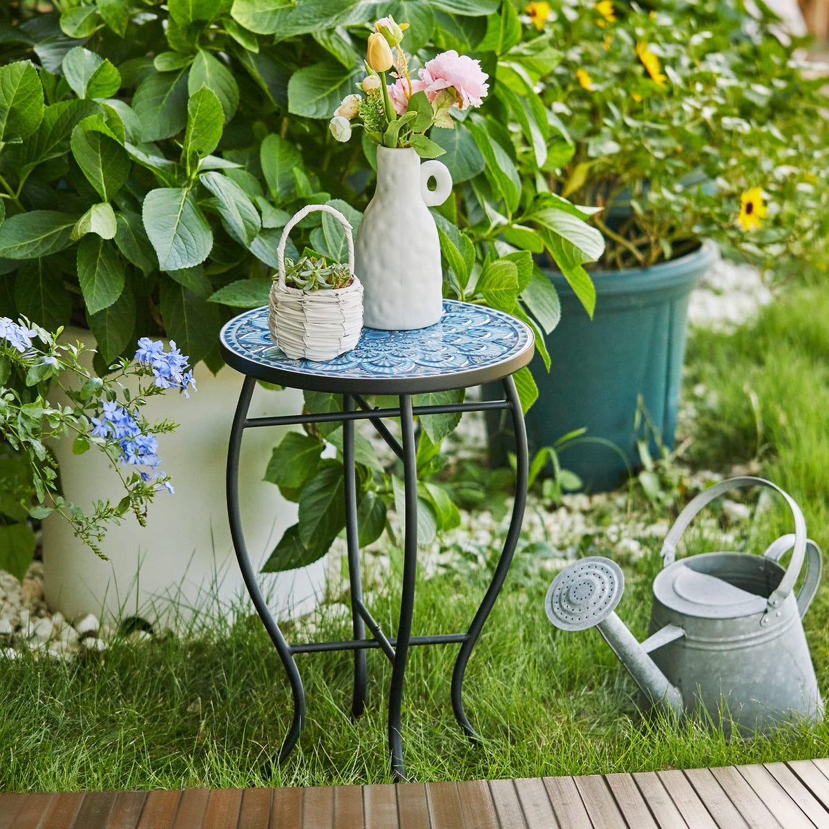 VONLUCE mosaic side table blue mandala tile top adds vibrant focal point.