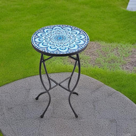 VONLUCE mosaic side table placed indoors or outdoors in a cozy corner.
