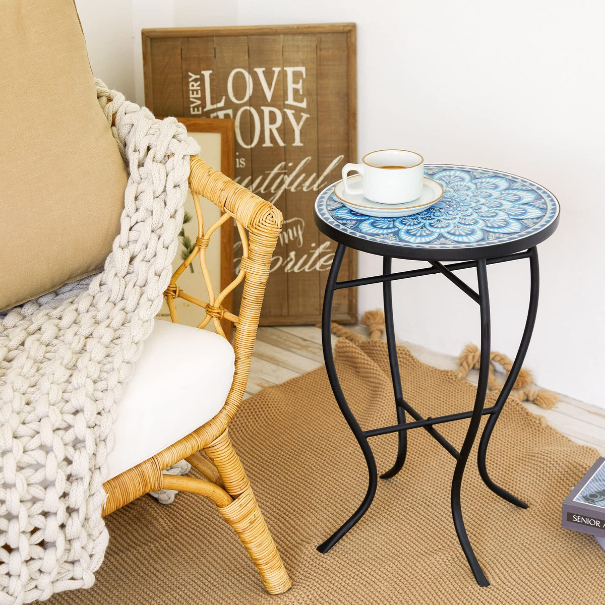 VONLUCE mosaic side table with matte black frame for sturdy support.