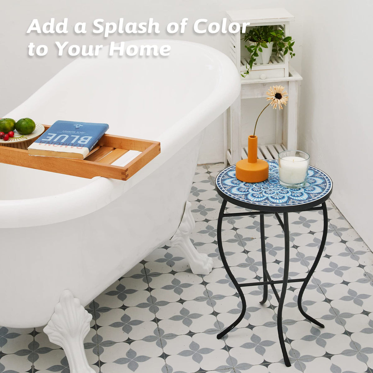 VONLUCE mosaic side table angled view shows tile detail and frame.