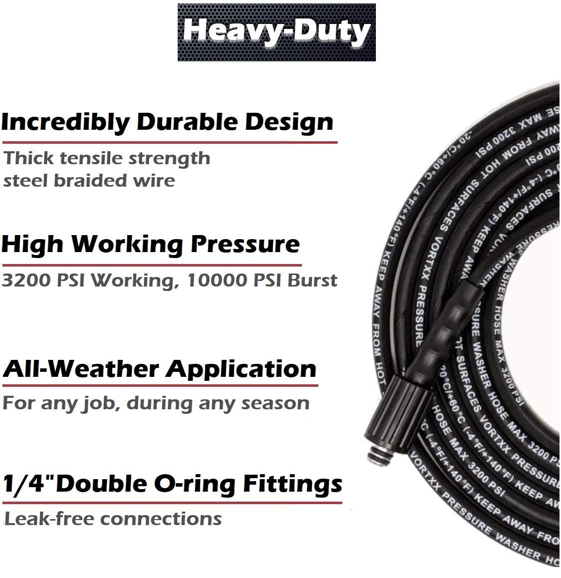 Vortxx extension hose rated to 3200 PSI supports heavy-duty cleaning.