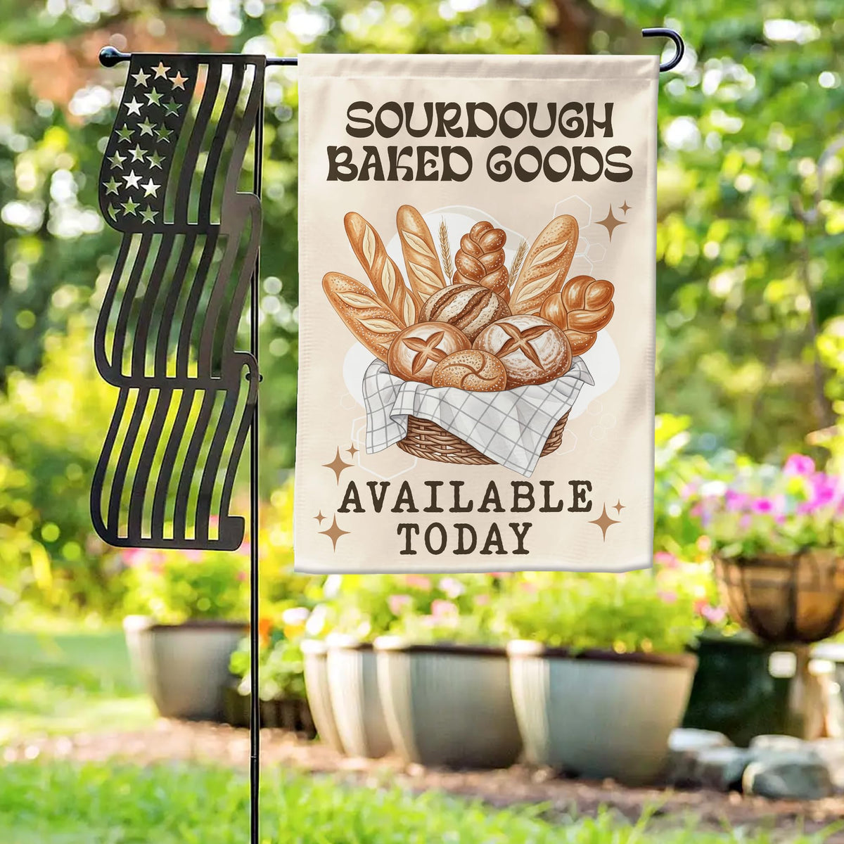 VOTANTA garden flag for sourdough bakery, durable print visible from both sides.