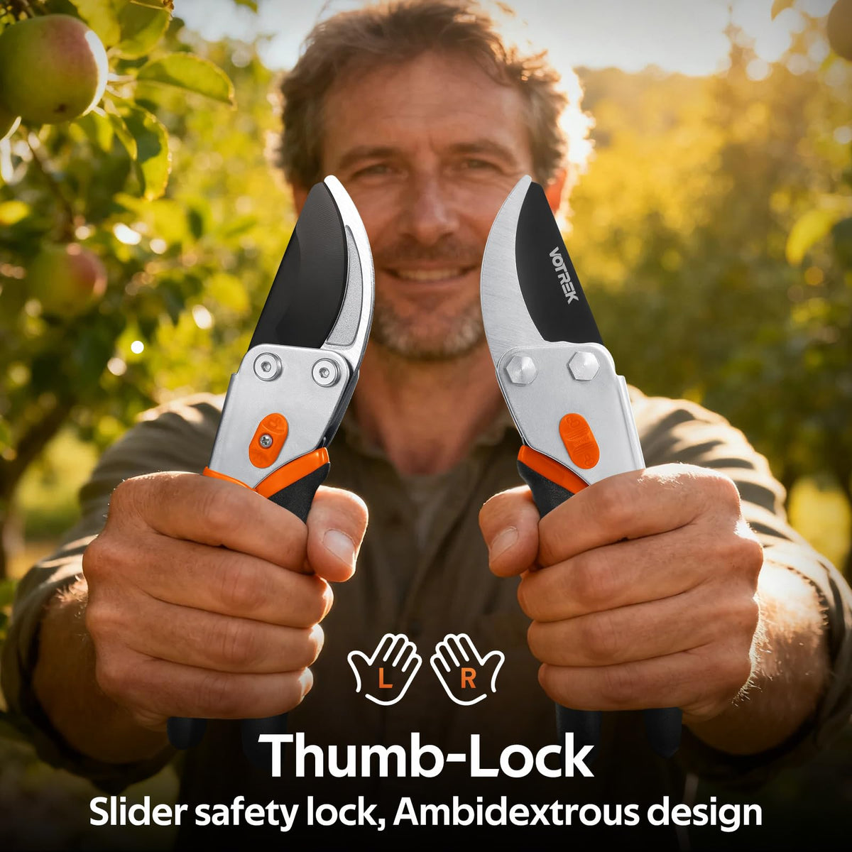 VOTREK soft-grip handles reduce hand fatigue during extended pruning tasks.