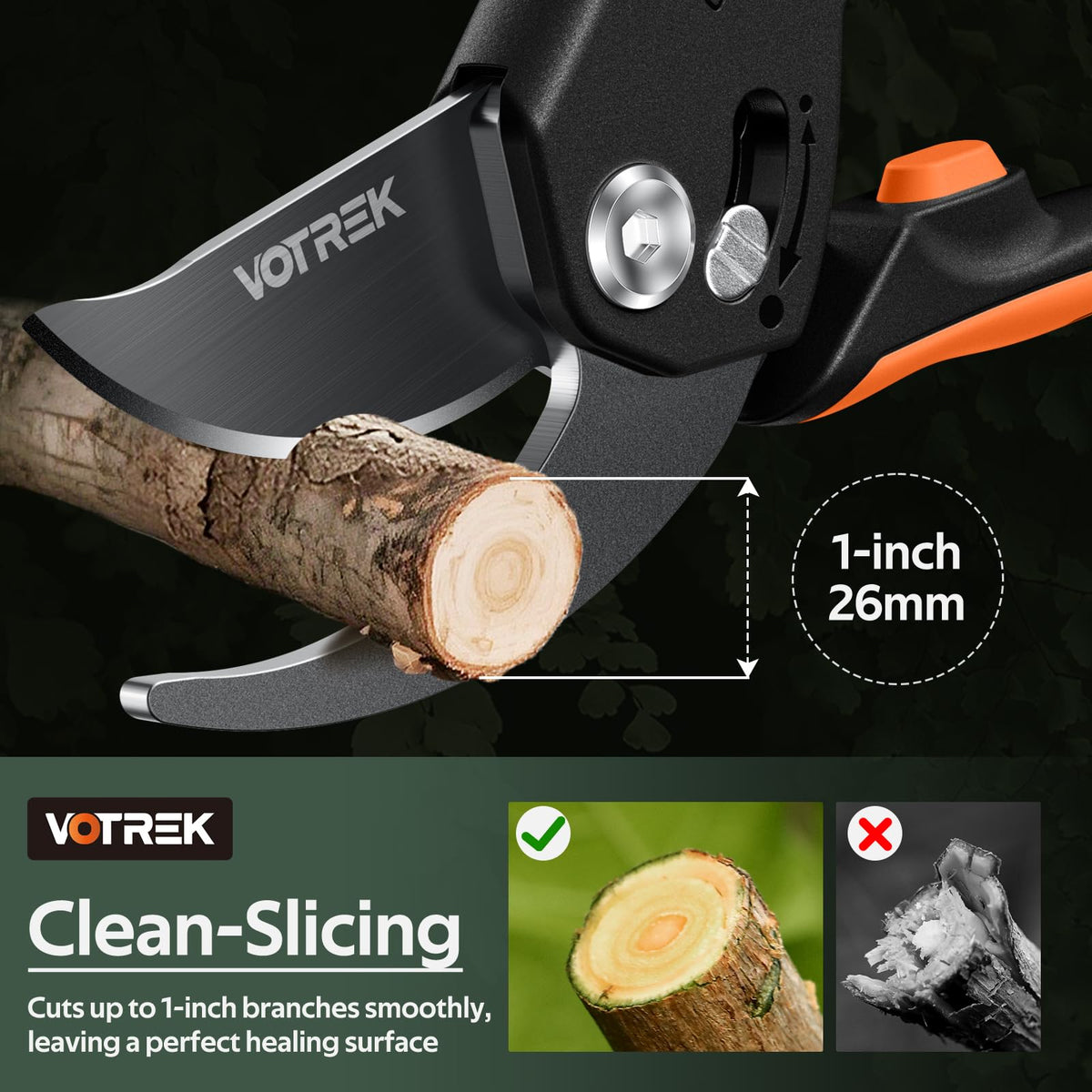 VOTREK pruning shears stepless-handle enables precise, comfortable grip.