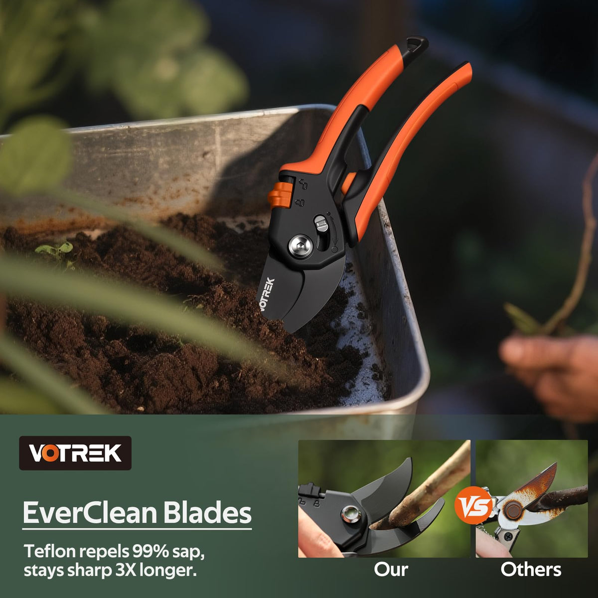 VOTREK thumb-lock keeps blades secure when not in use.
