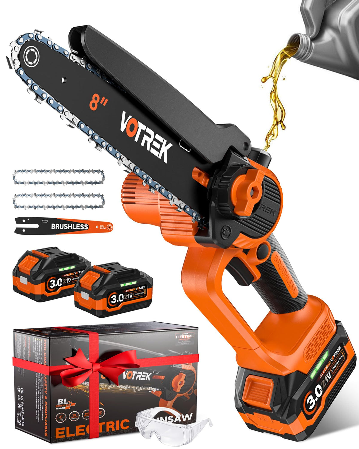 VOTREK 8-inch mini chainsaw in action for precise branch cutting.