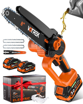 VOTREK 8-inch mini chainsaw in action for precise branch cutting.