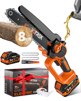 VOTREK 8-inch mini chainsaw cutting a thick branch for yard trimming