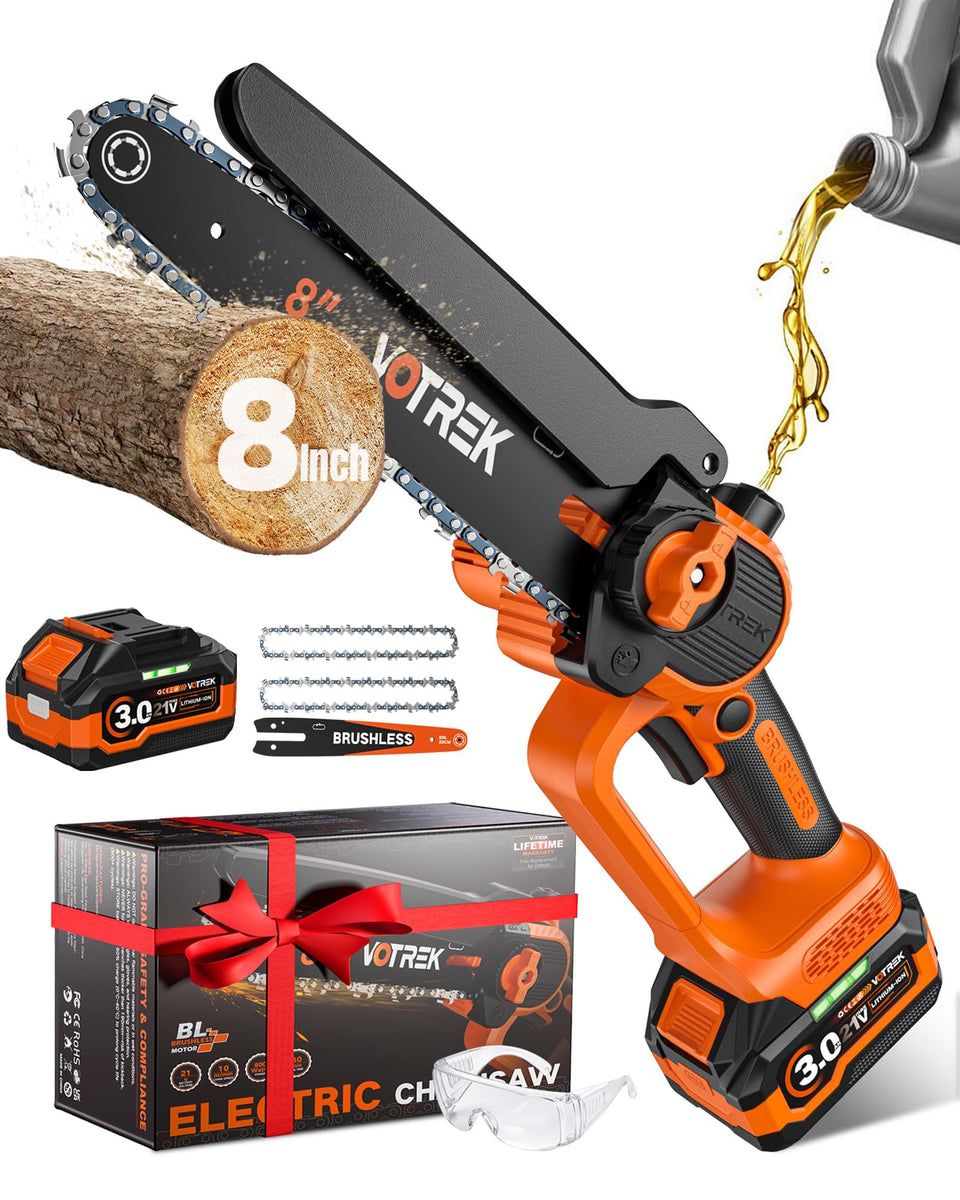 VOTREK 8-inch mini chainsaw cutting a thick branch for yard trimming
