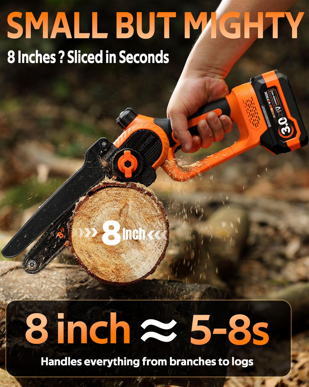 VOTREK battery-powered chainsaw with a 3.0Ah battery for longer operation