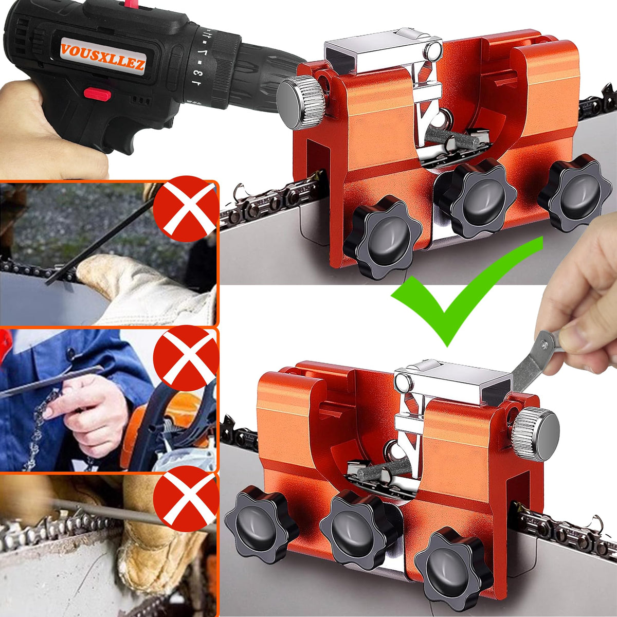 VOUSXLLEZ sharpener used with hand crank for on-site maintenance.