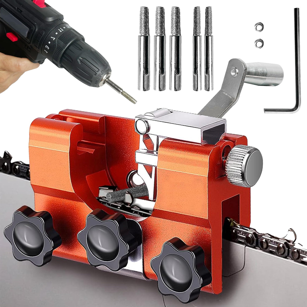 VOUSXLLEZ upgraded chainsaw sharpener head attachment for precise tooth alignment.
