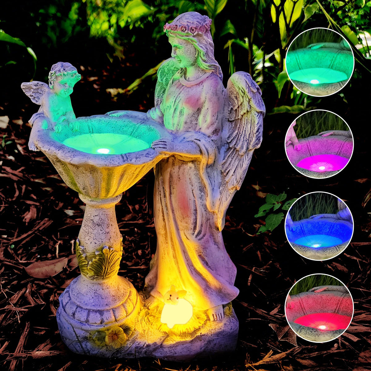 Voveexy solar garden statue with RGB light brightens outdoor evenings.