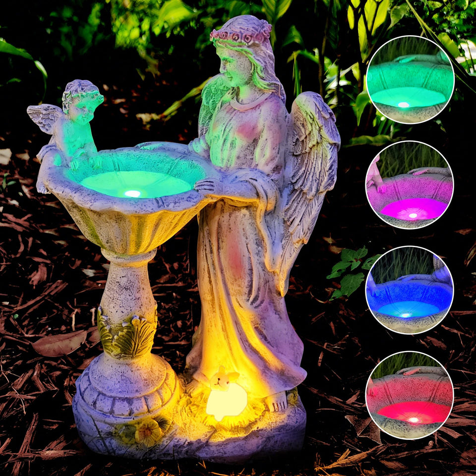 Voveexy solar garden statue with RGB light brightens outdoor evenings.