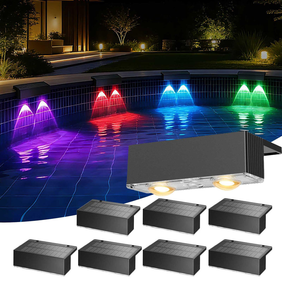 VOVG solar pool light setup illuminates pool perimeter with warm white glow.
