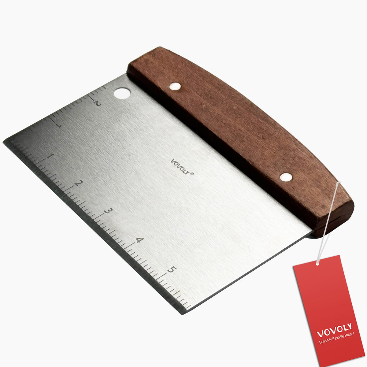 Vovoly bench scraper front view showing sturdy stainless steel for everyday griddle tasks