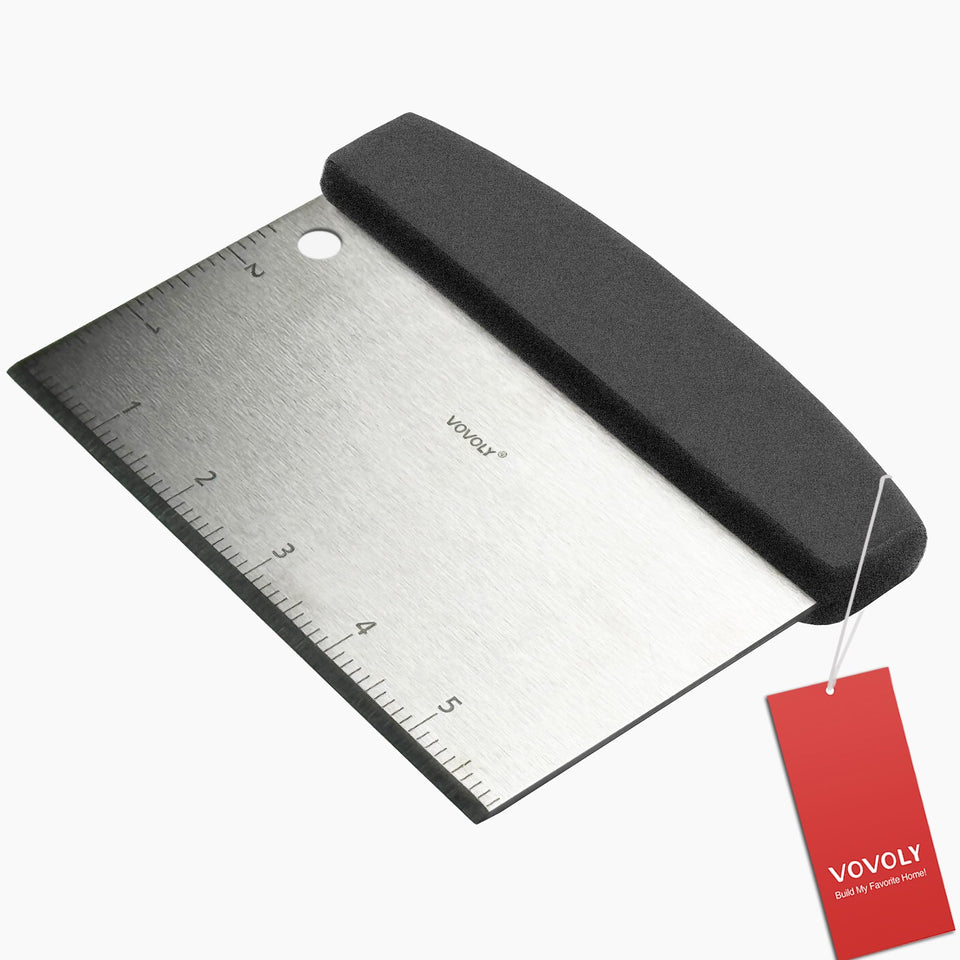 Vovoly bench scraper front view highlights thickened stainless steel for heavy-duty scraping.
