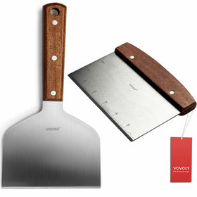 Vovoly bench scraper with large surface for quick flips on a flat top griddle