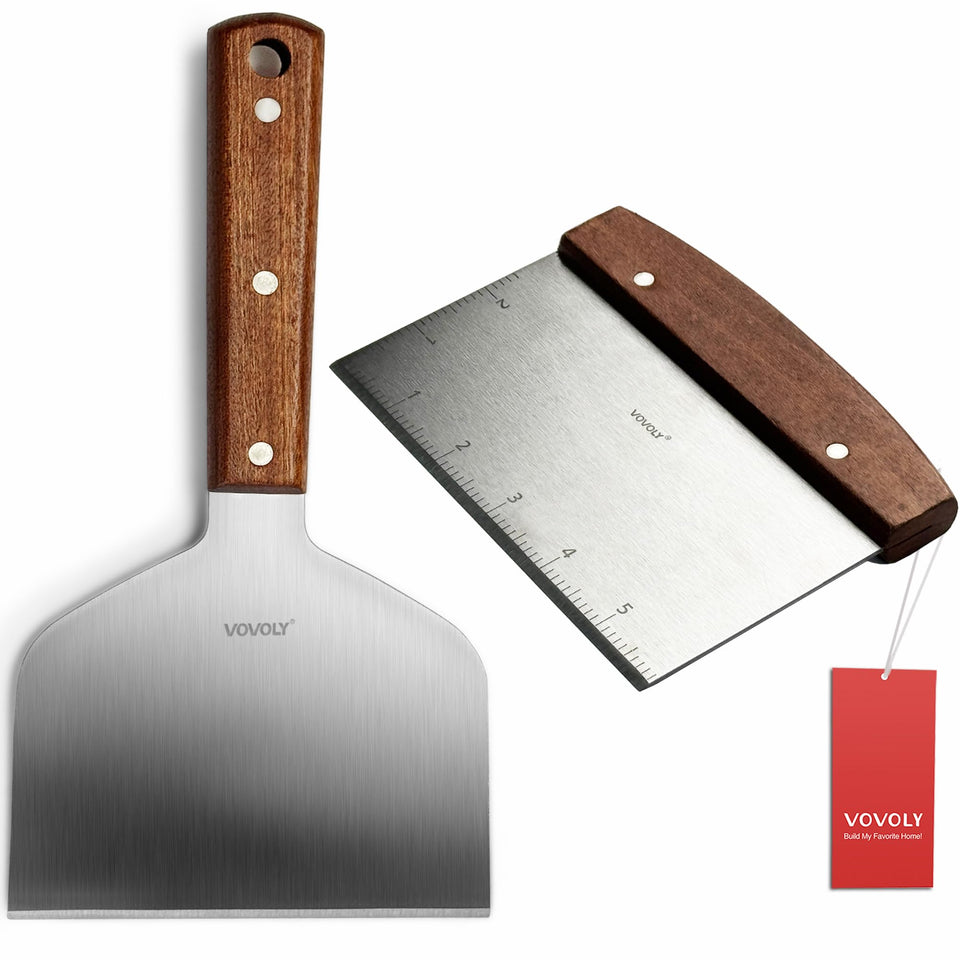 Vovoly bench scraper with large surface for quick flips on a flat top griddle