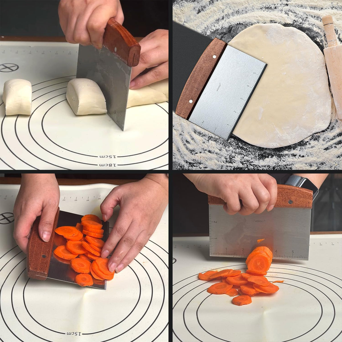 Vovoly scraper designed to clean edges and corners of large pans