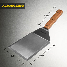 Vovoly extra-wide spatula full-tang handle shows durable grip for heavy burgers.